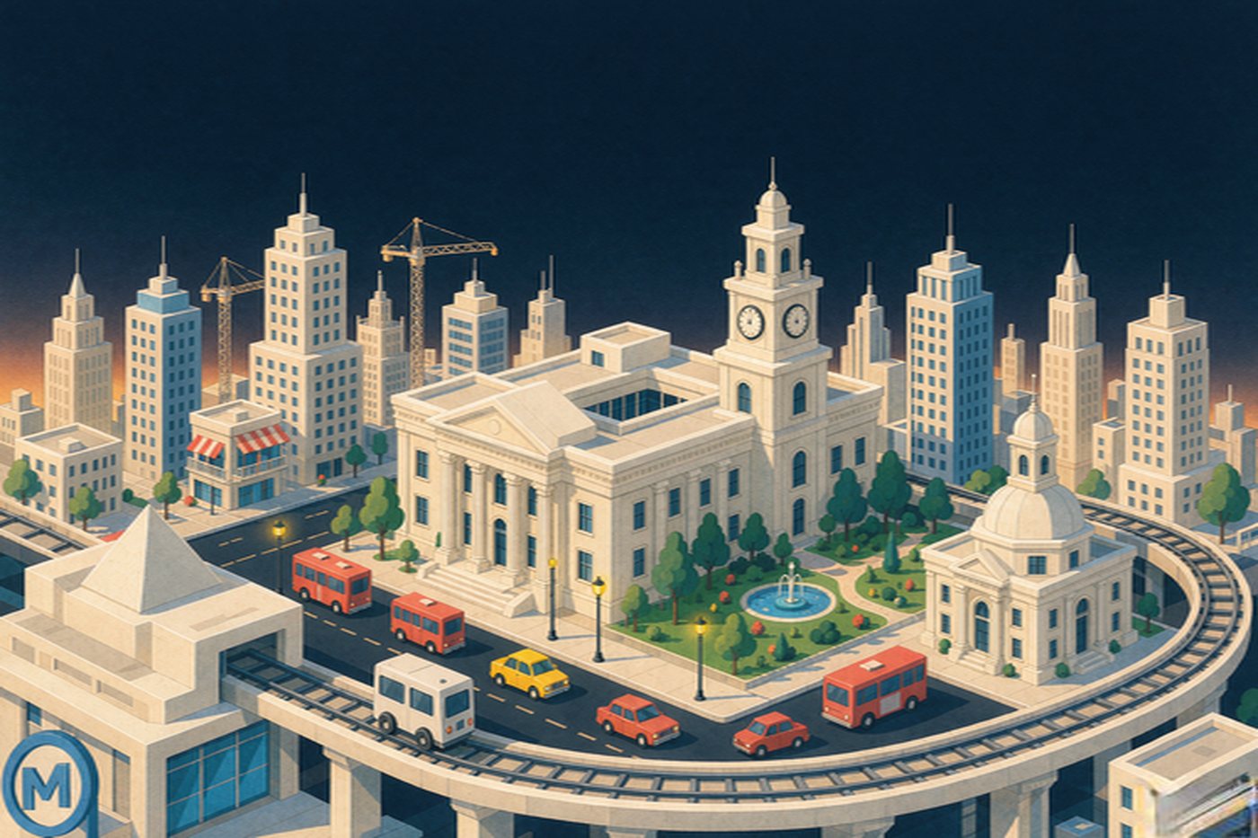 Isometric illustration of Mintford: city hall, metro loop and skyline